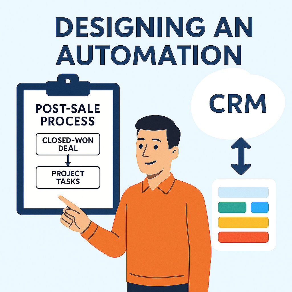 CRM to project management automation illustration showing integration between CRM system and Monday.com workflow after Salesforce deal is marked Closed-Won